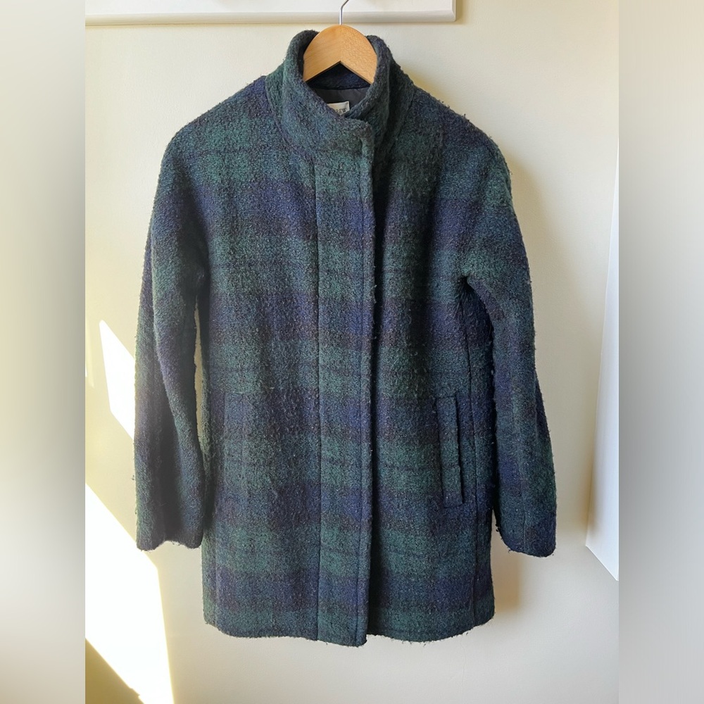 J‎ CREW FACTORY Boucle City Coat Black Watch Plaid Zip Preppy Dark Academia 0